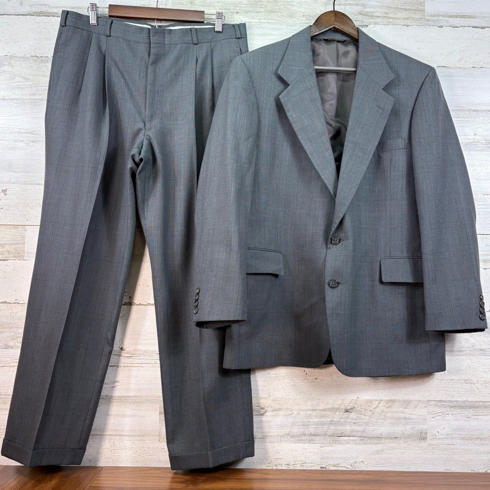 Hunter's Glen Mens Grey Glen Plaid‎ 100% Wool 2 Piece Suit 42R 34x29 Made in USA